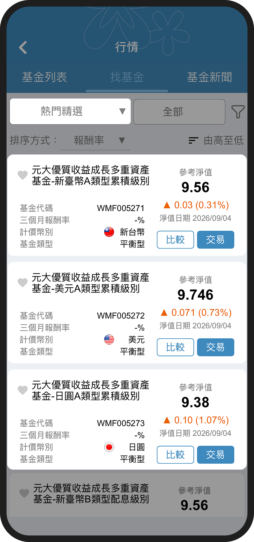 投資先生 App 的基金列表畫面
